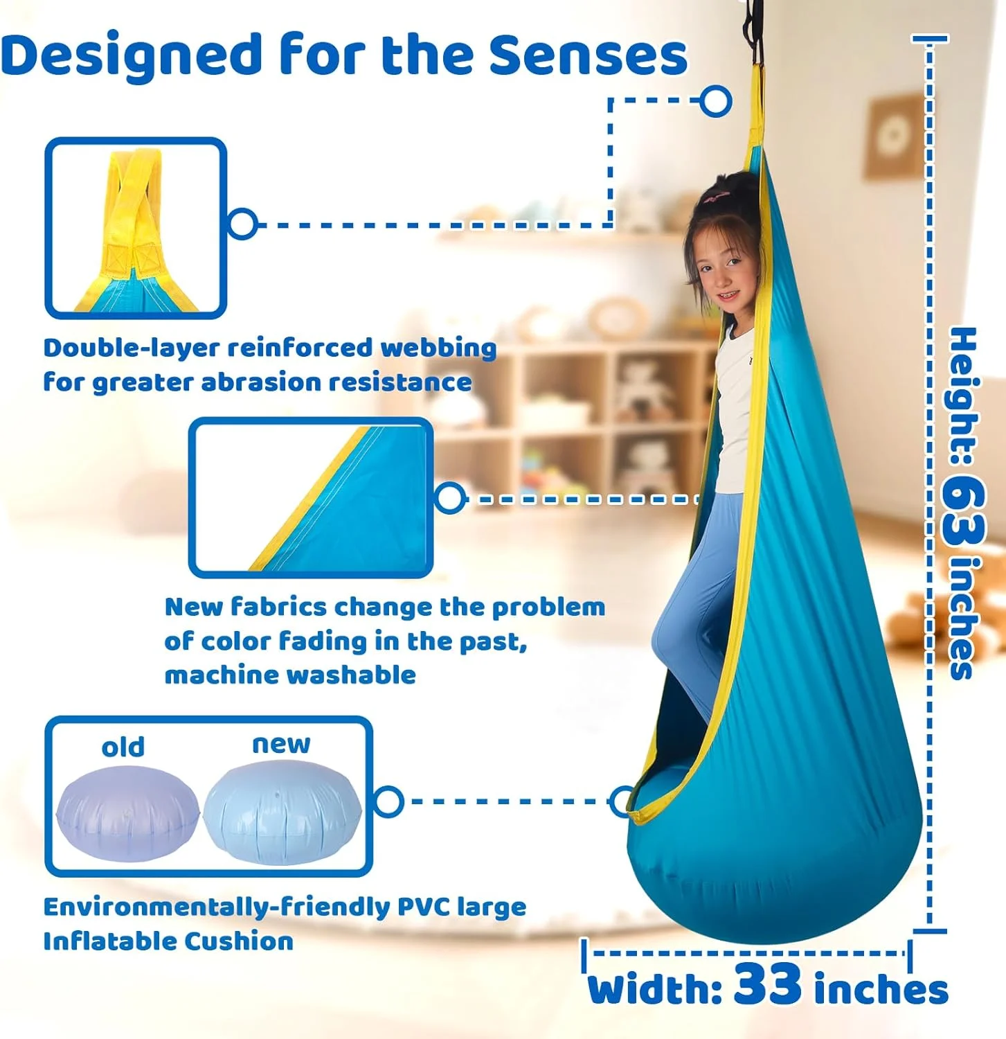 تاب حسی برای کودکان، صندلی آویز گهواره ای سرپوشیده و روباز با حداکثر تحمل وزن 136 کیلوگرم به همراه کوسن بادی و لوازم نصب مناسب برای کودکان مبتلا به اختلالات پردازش حسی، اوتیسم و ​​بیش فعالی (آبی فیروزه ای)