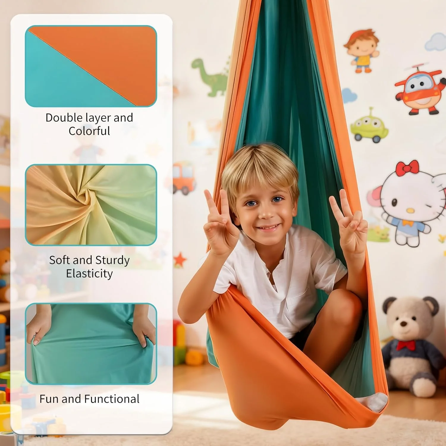 تاب حسی HIKKY برای کودکان و بزرگسالان، تاب حسی داخلی و خارجی با تحمل وزن تا 136 کیلوگرم، تاب درمانی دو لایه برای کودک مبتلا به اوتیسم، شامل کیت آویز چرخشی 360 درجه