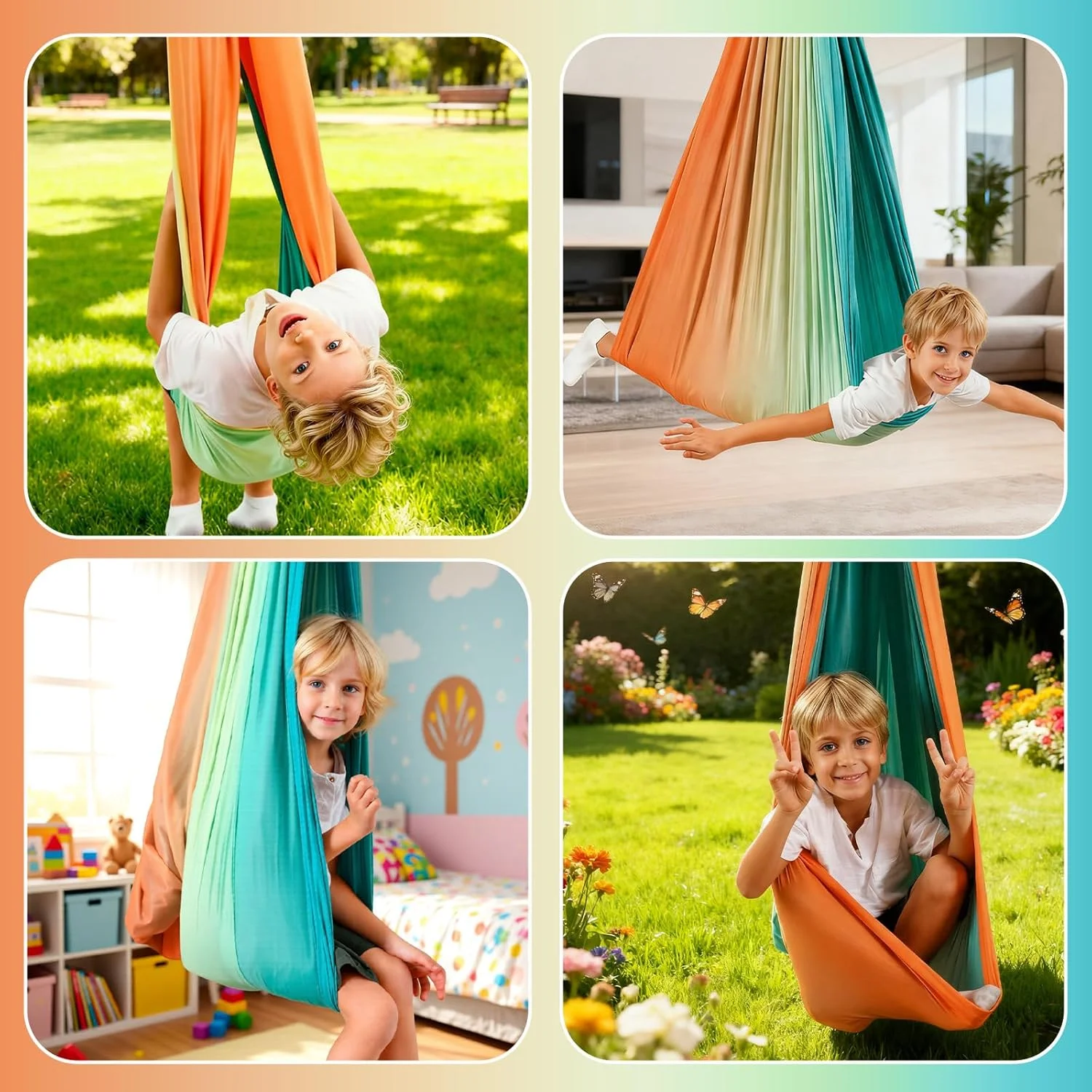 تاب حسی HIKKY برای کودکان و بزرگسالان، تاب حسی داخلی و خارجی با تحمل وزن تا 136 کیلوگرم، تاب درمانی دو لایه برای کودک مبتلا به اوتیسم، شامل کیت آویز چرخشی 360 درجه