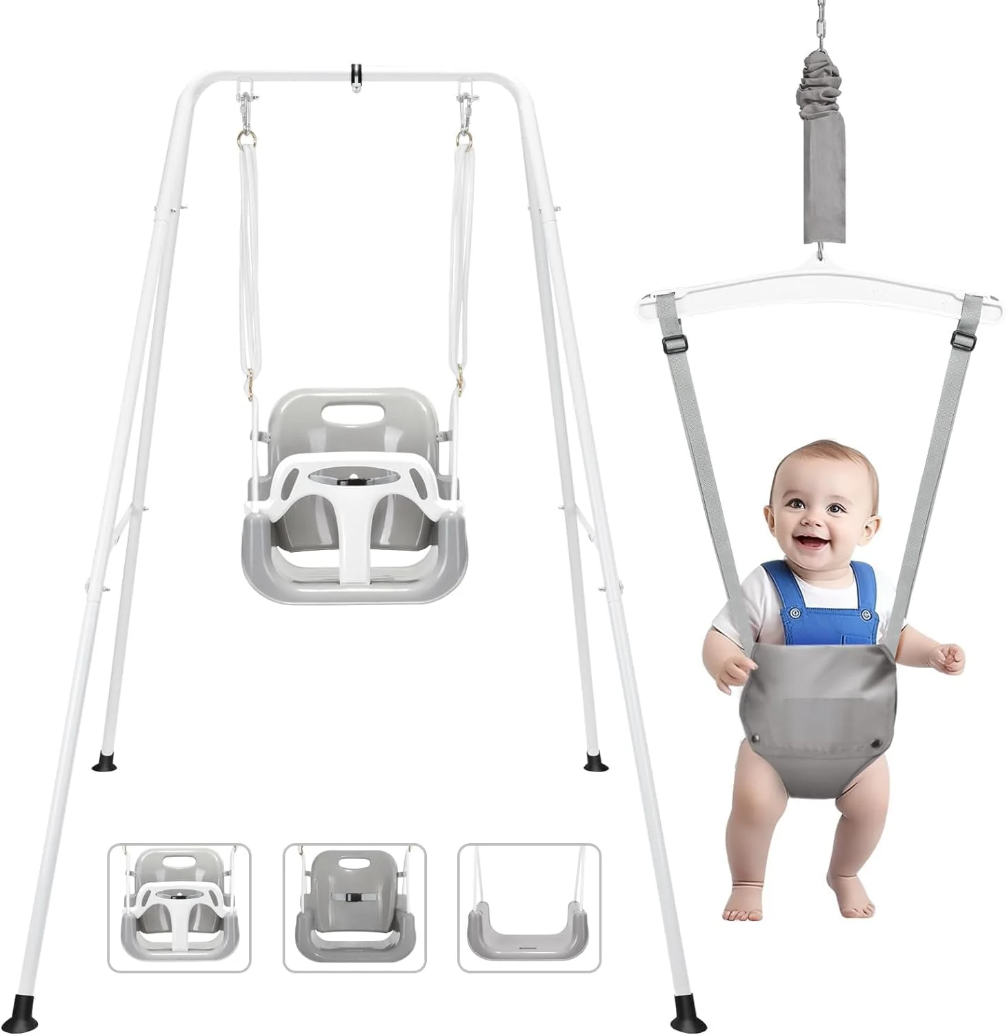 تاب و جامپر کودک 2 در 1، تاب بازی برای داخل و خارج از خانه، جامپر و بانسرهای کودک، نصب و نگهداری آسان، مناسب برای کودکان 6 ماهه تا 10 ساله (خاکستری)