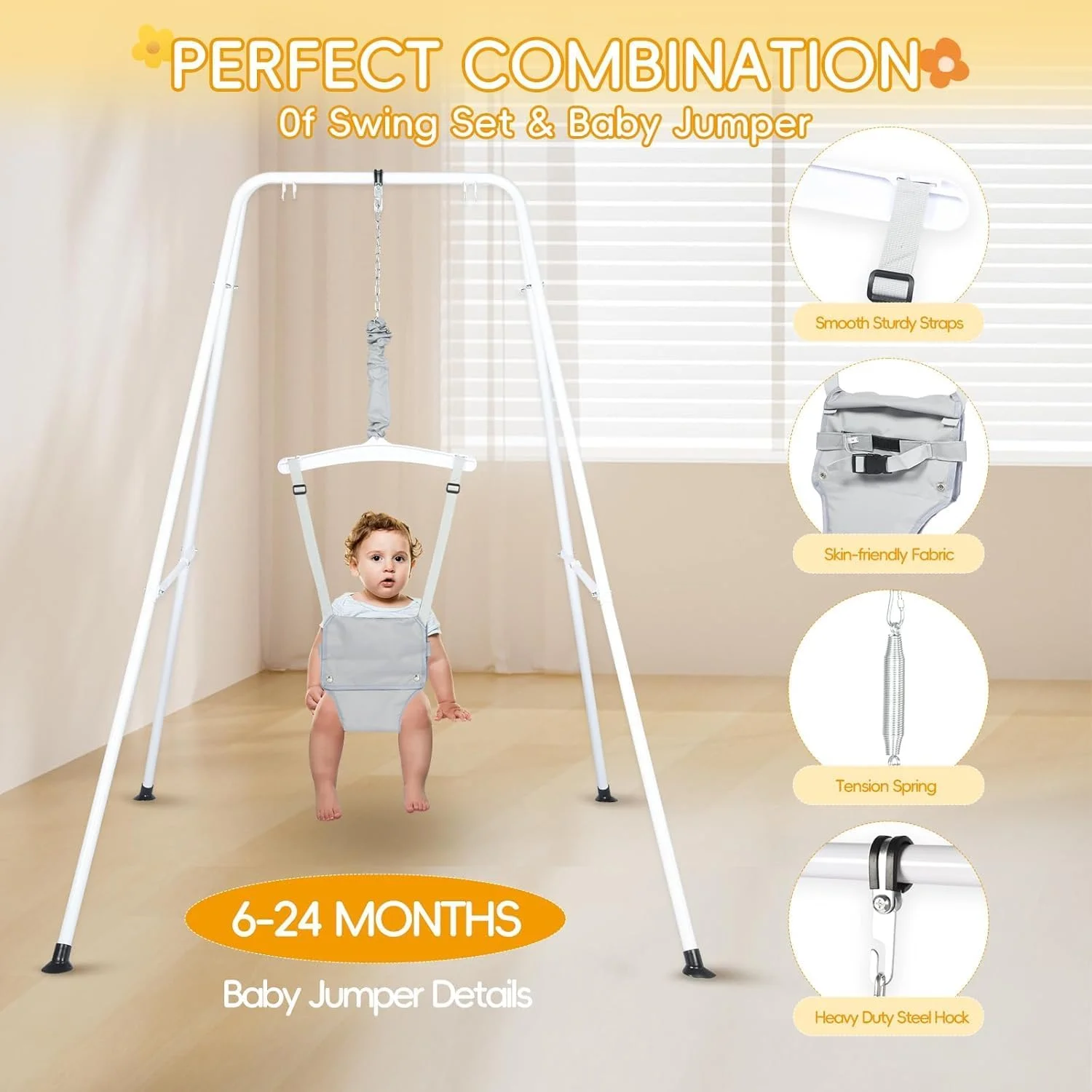 تاب و جامپر کودک 2 در 1، تاب بازی برای داخل و خارج از خانه، جامپر و بانسرهای کودک، نصب و نگهداری آسان، مناسب برای کودکان 6 ماهه تا 10 ساله (خاکستری)