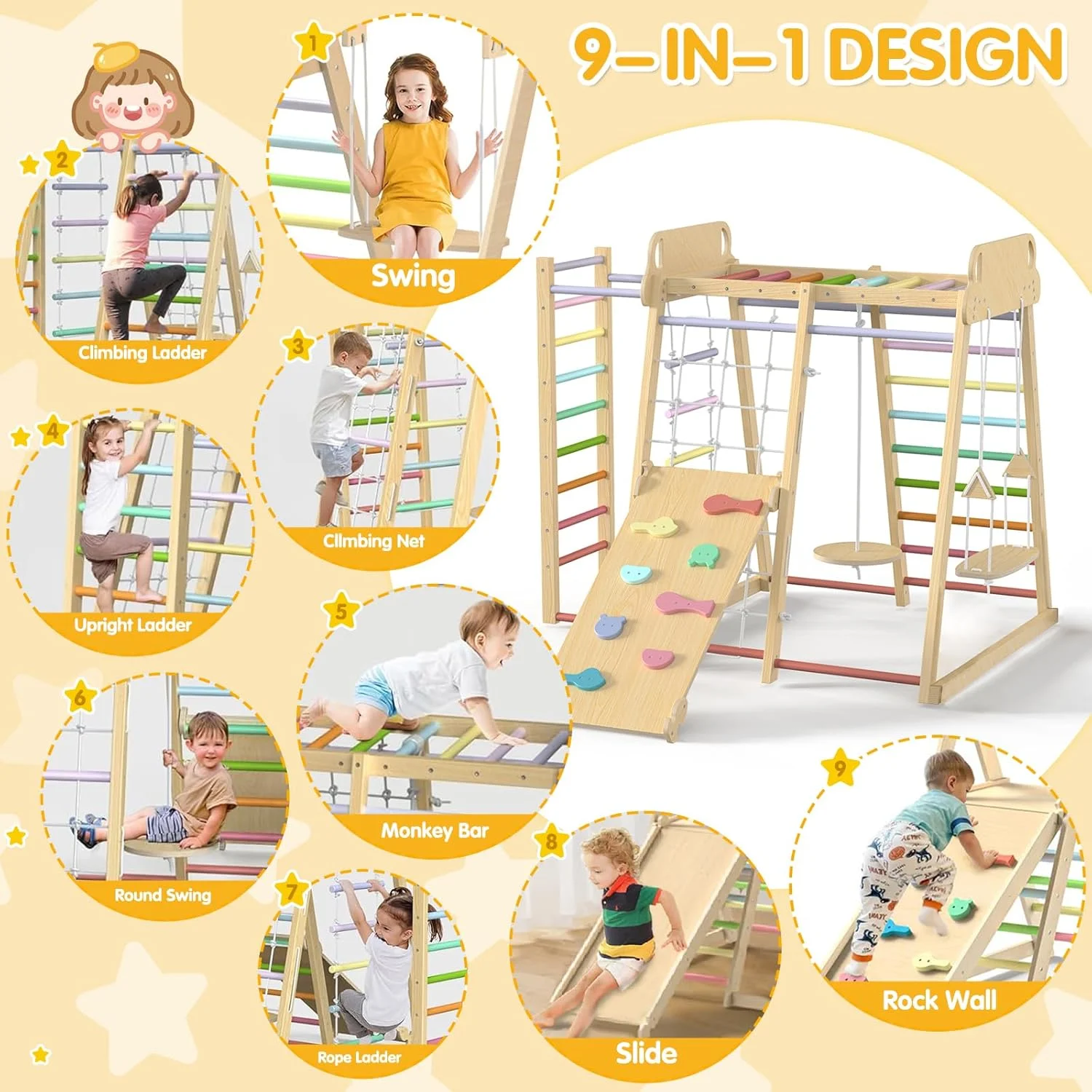 مجموعه صخره نوردی تاشو 9 در 1، باشگاه ورزشی چوبی برای داخل خانه، مجموعه صخره نوردی شیک و کاربردی، مونتاژ و نگهداری آسان، بهبود تمرکز و اعتماد به نفس