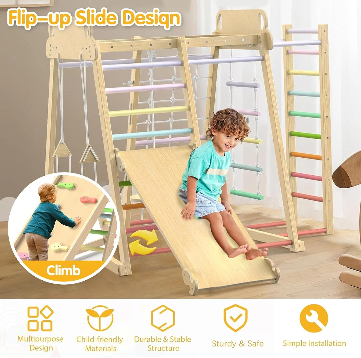 مجموعه صخره نوردی تاشو 9 در 1، باشگاه ورزشی چوبی برای داخل خانه، مجموعه صخره نوردی شیک و کاربردی، مونتاژ و نگهداری آسان، بهبود تمرکز و اعتماد به نفس