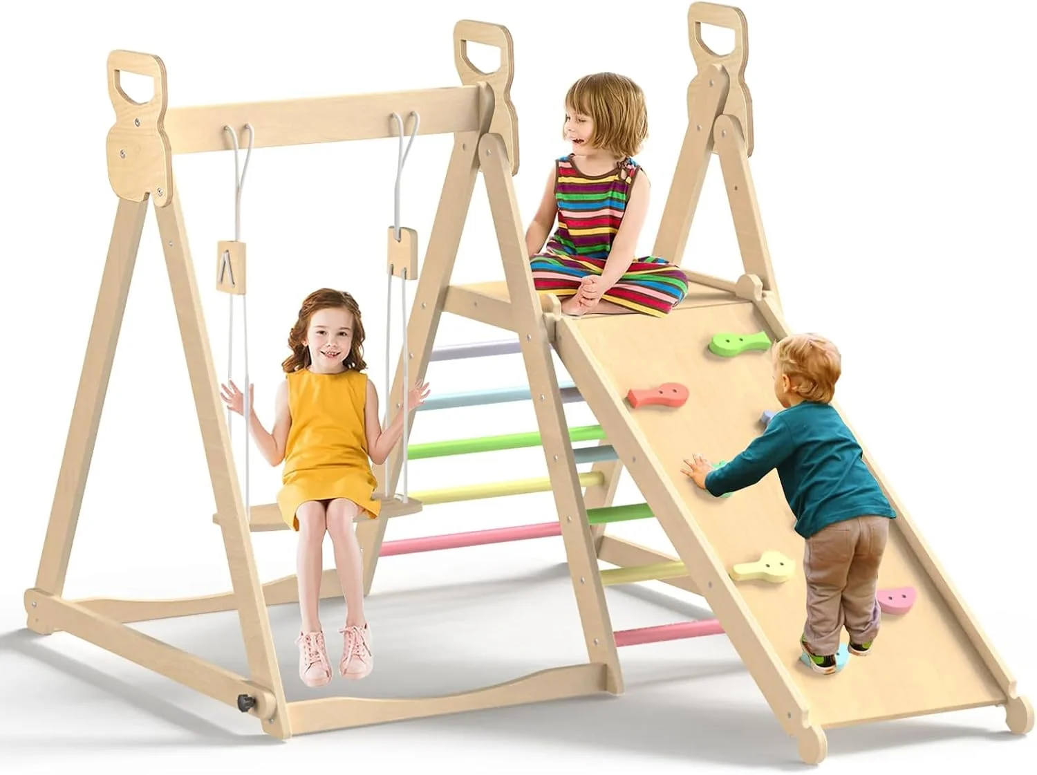 مجموعه بازی ۴ در ۱ داخل خانه، مجموعه تاب چوبی تاشو به همراه تاب، مجموعه صخره نوردی شیک و کاربردی، نصب و نگهداری آسان