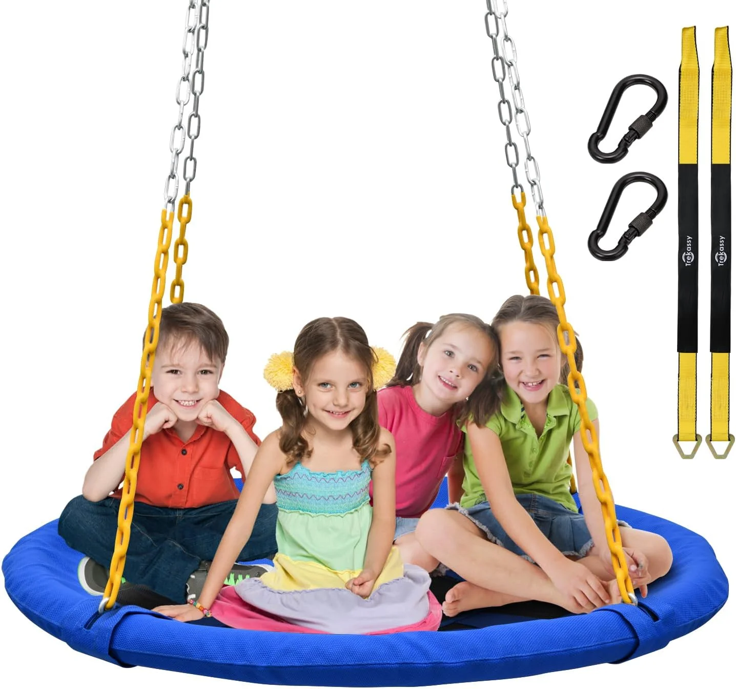 تاب بازی درختی بشقابی تریکسی با ظرفیت 450 کیلوگرم و قطر 100 سانتی متر، مناسب کودکان و بزرگسالان، دارای زنجیرهای مقاوم در برابر زنگ زدگی، پارچه تکستیلن مقاوم در برابر اشعه ماوراء بنفش و سایش، مناسب فضای باز و حیاط خلوت