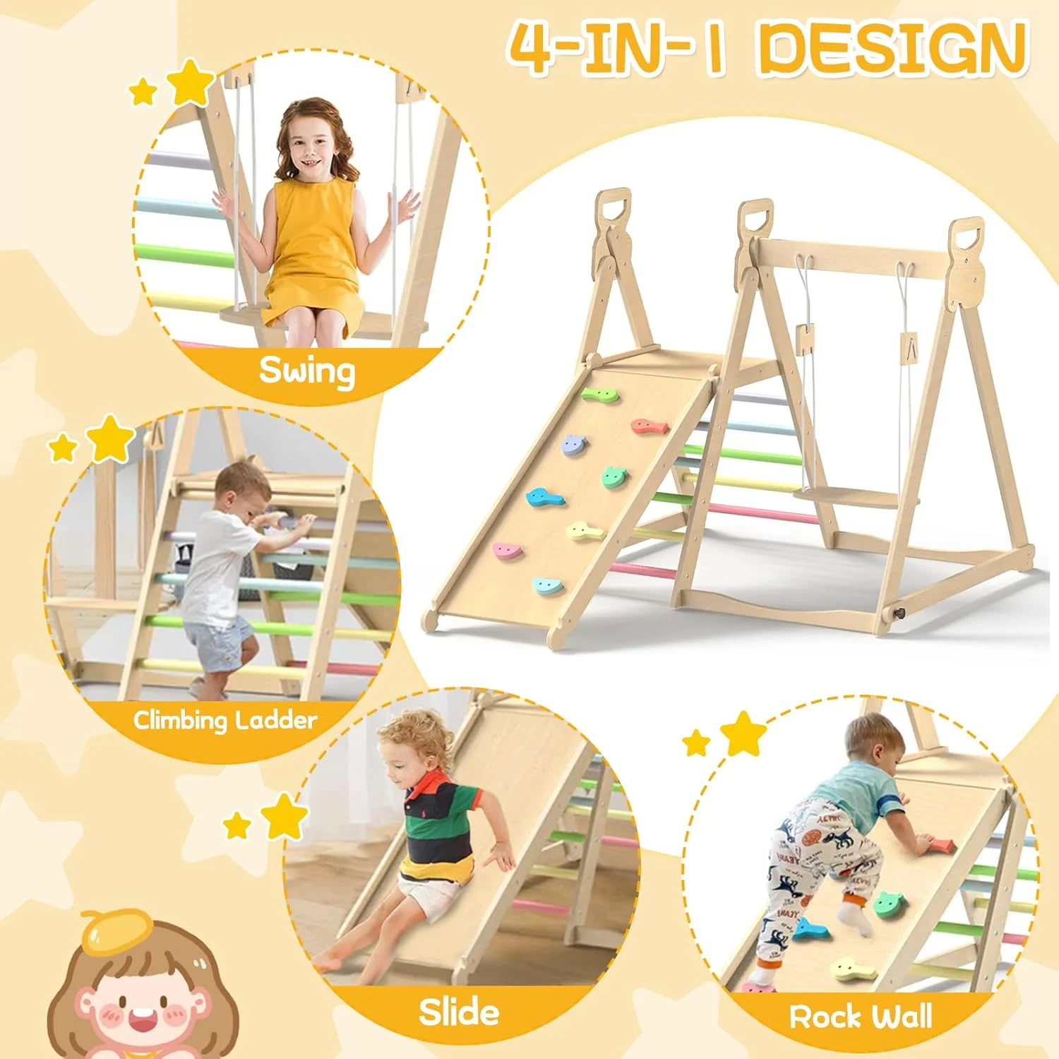 مجموعه بازی ۴ در ۱ داخل خانه، مجموعه تاب چوبی تاشو به همراه تاب، مجموعه صخره نوردی شیک و کاربردی، نصب و نگهداری آسان