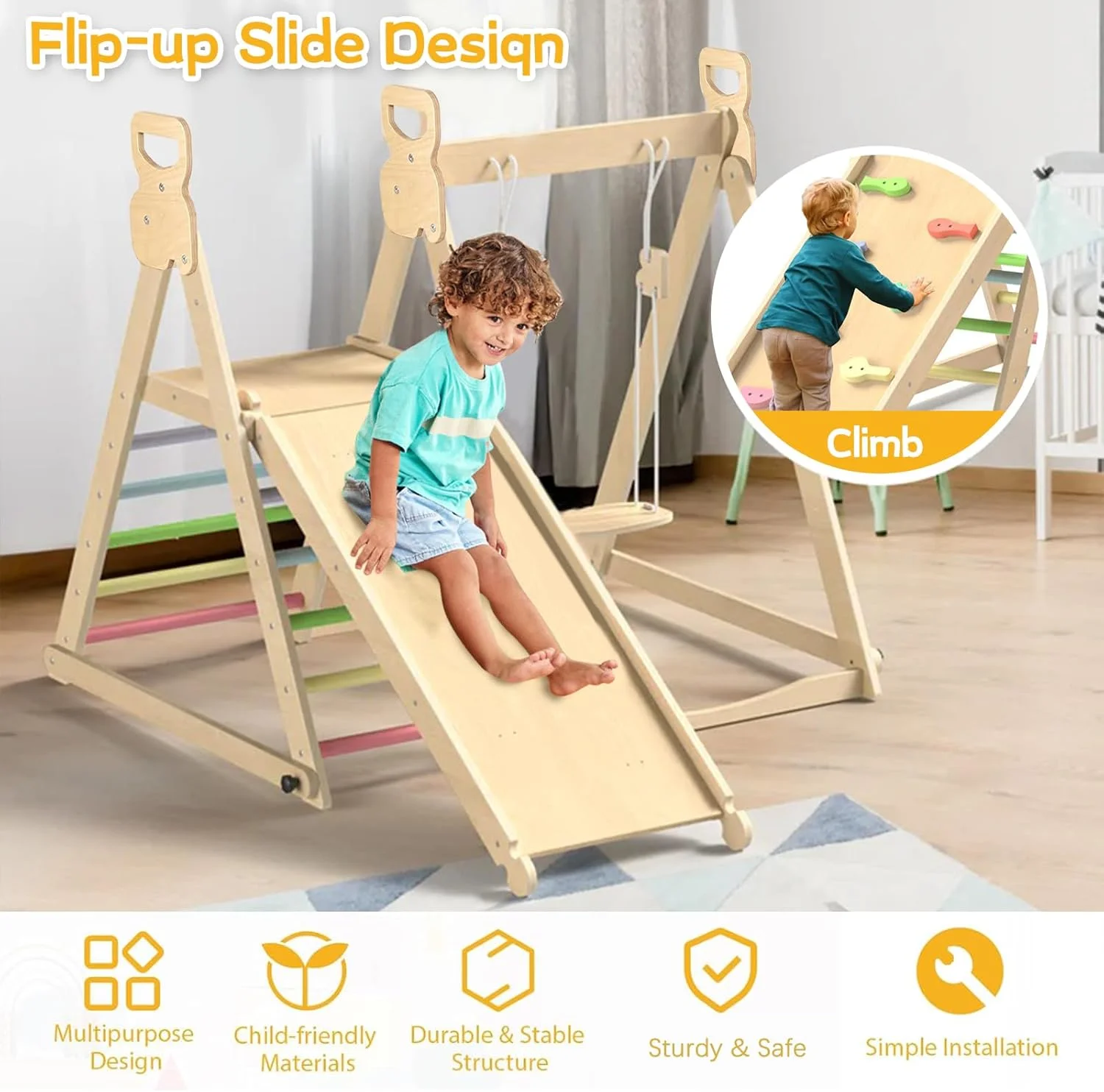 مجموعه بازی ۴ در ۱ داخل خانه، مجموعه تاب چوبی تاشو به همراه تاب، مجموعه صخره نوردی شیک و کاربردی، نصب و نگهداری آسان