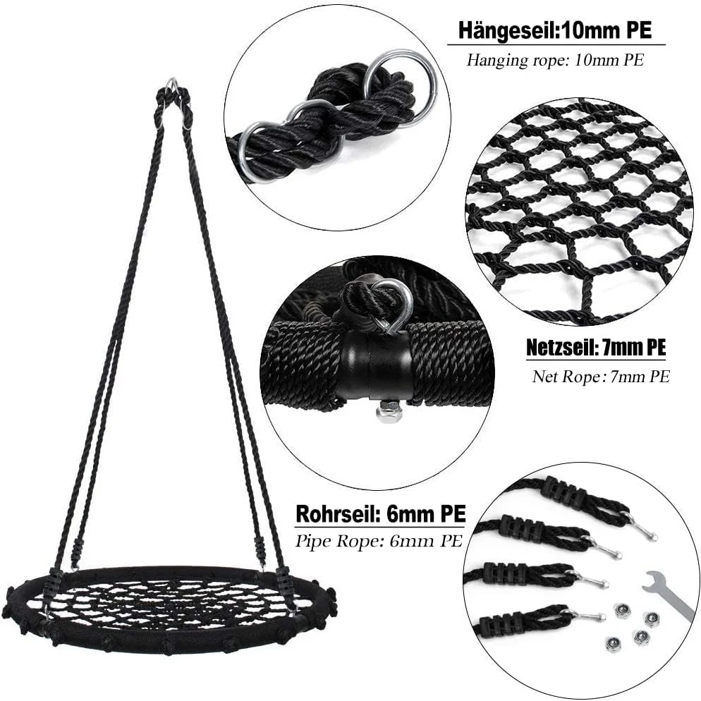 تاب بازی لانه ای عنکبوتی توری یوربی برای کودکان با طناب آویز، تحمل وزن 200 کیلوگرم (قطر 100 سانتی متر، مشکی) قابل استفاده مجدد