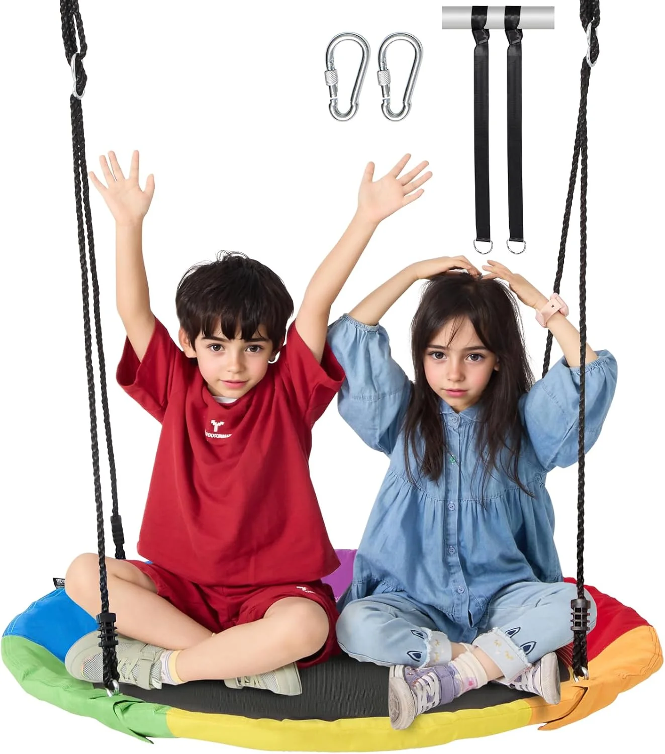 تاب بازی درختی VEVOR، تاب بشقابی 40 اینچی، ظرفیت وزنی 340 کیلوگرم، صندلی تاب پارچه آکسفورد 900D با 2 بند آویز درخت و طناب های چند رشته ای قابل تنظیم، تاب گرد برای کودکان در فضای باز، چند رنگ