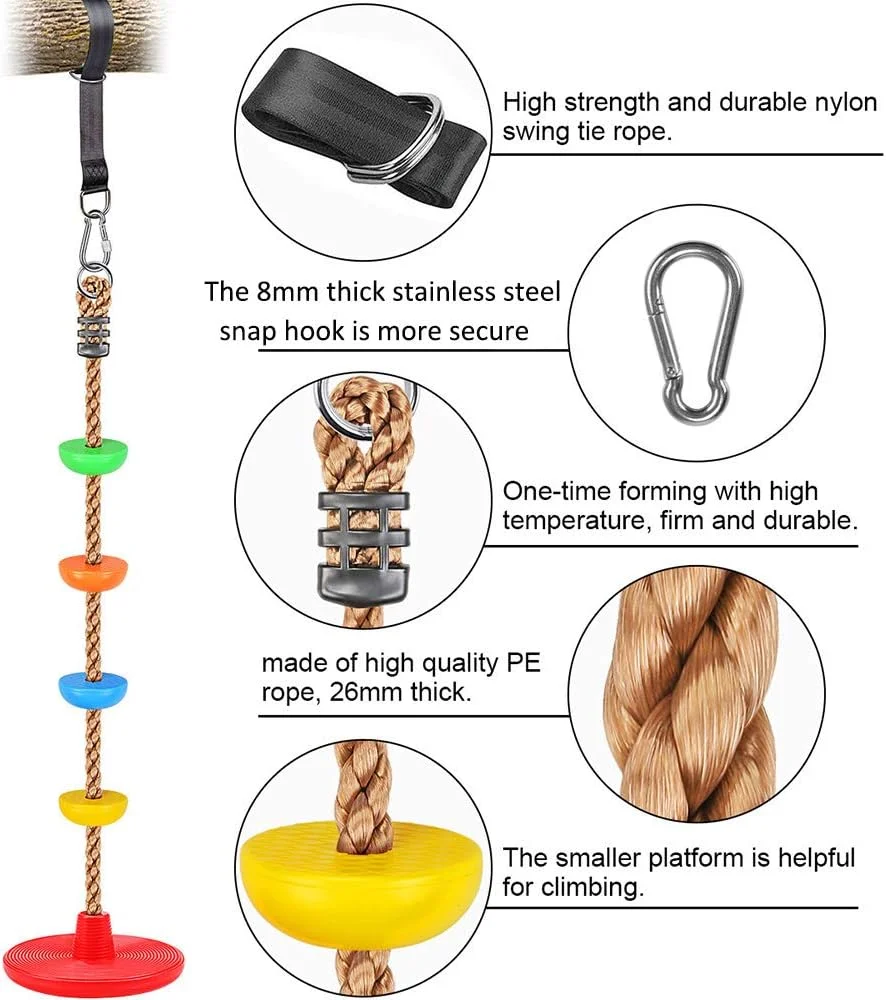 طناب صعود با سکو و صندلی دیسکی، لوازم جانبی تاب فضای باز حیاط خلوت با بند 150 سانتی متری و قلاب برای کودکان
