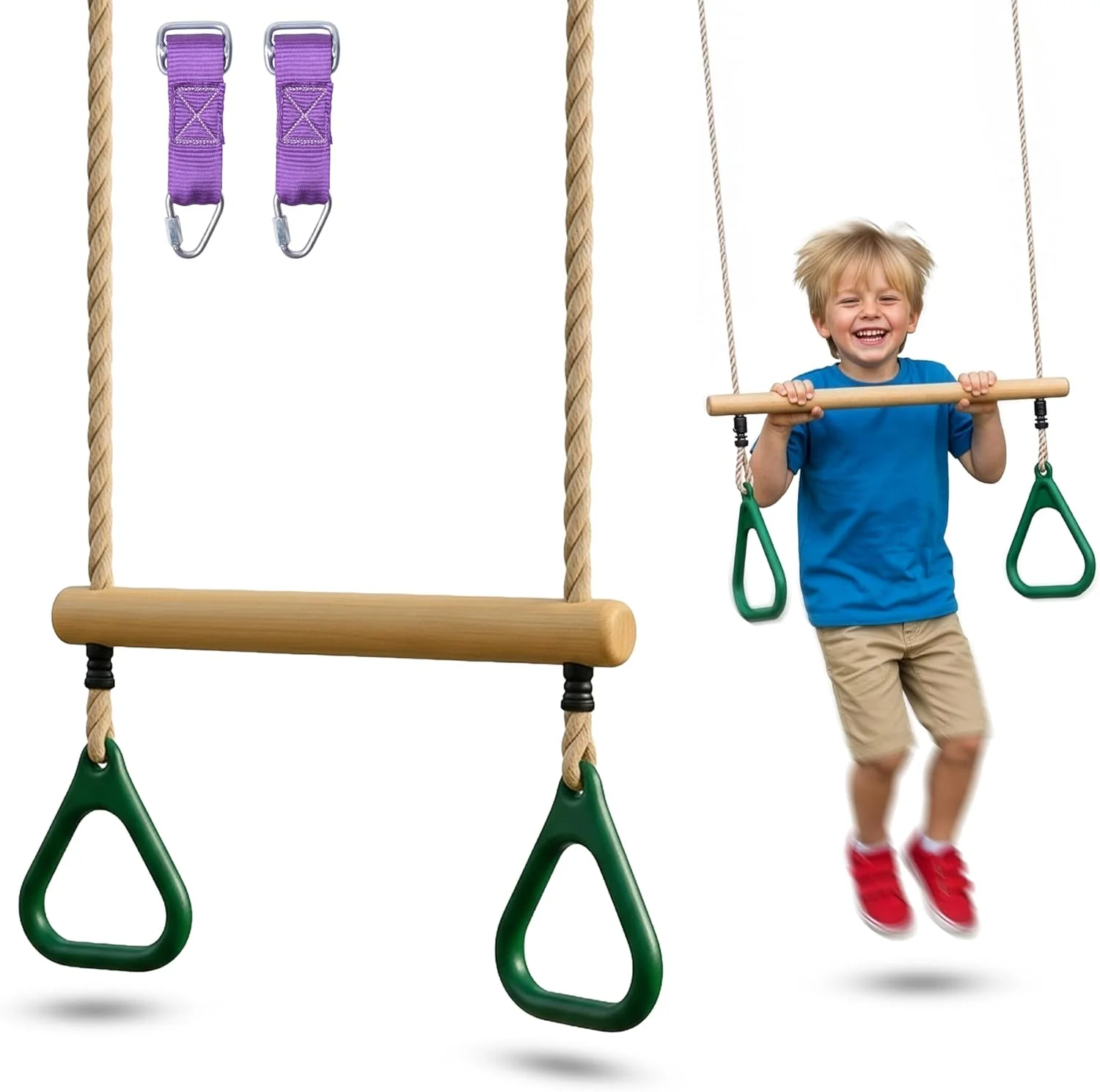 میله بارفیکس چوبی ذوزنقه ای Trailblaze برای کودکان - میله های میمون با ارتفاع قابل تنظیم 18 اینچی، حلقه های تاب، لوازم جانبی تاب - دوره موانع جنگجوی نینجا برای کودکان - لوازم جانبی زمین بازی