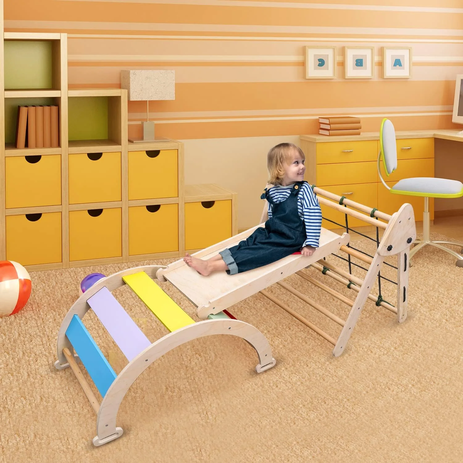 مجموعه اسباب بازی ورزشی داخل خانه تومیس برای کودکان نوپا، نردبان چوبی اسباب بازی صعود برای کودکان، سرسره