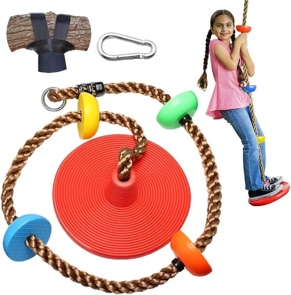 طناب بازی و تاب درختی برای کودکان به همراه سکو و صندلی تاب دیسکی، ست تاب فضای باز با کارابین و بند 6.5 فوتی، ست تاب بازی خانه درختی فضای باز (تاب طناب نوردی)