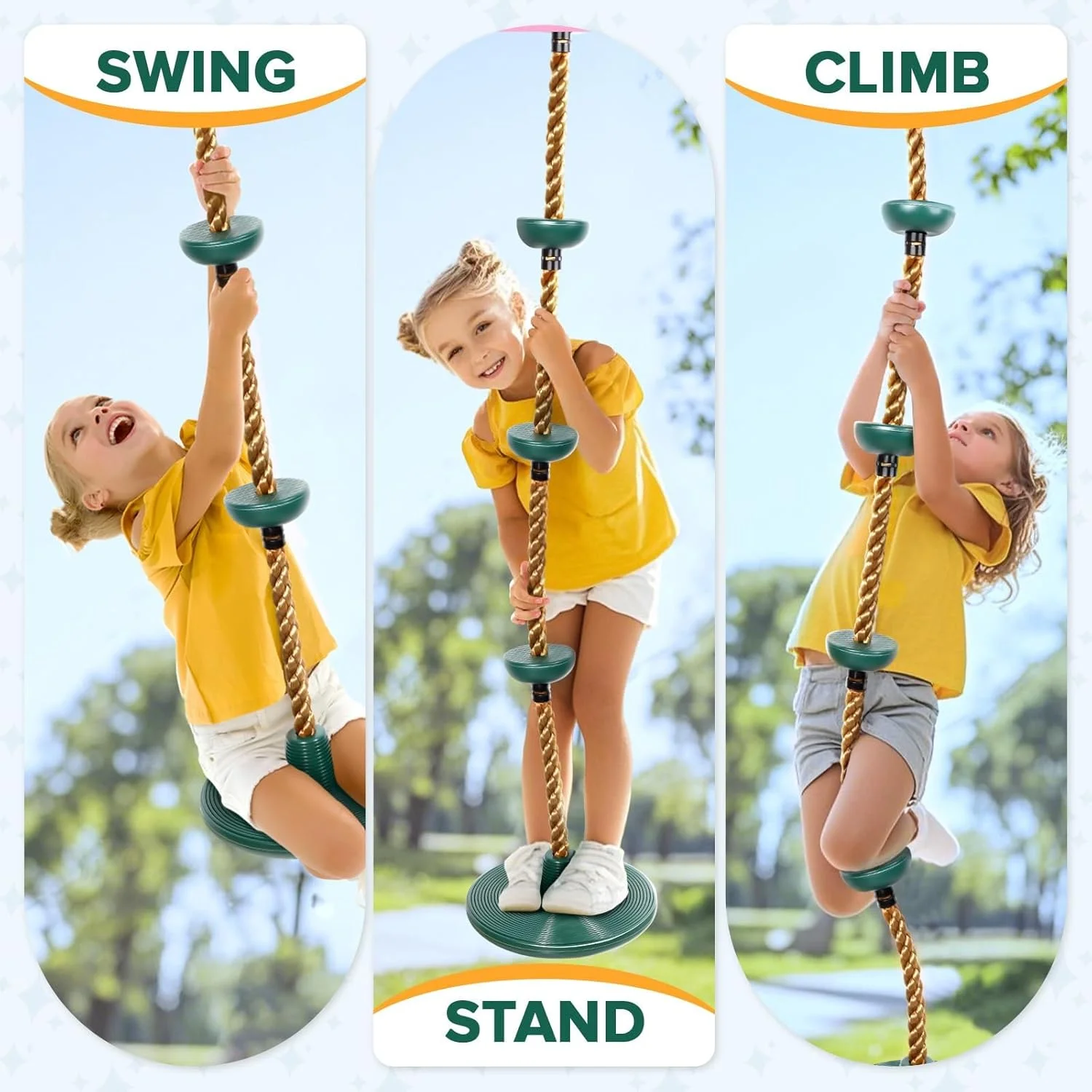 تاب بازی درختی تزویق برای کودکان، تاب دیسکی با طناب قابل تنظیم برای فضای باز به همراه کارابین و بند، طناب صعود درختی برای کودکان به همراه بند آویز و کارابین