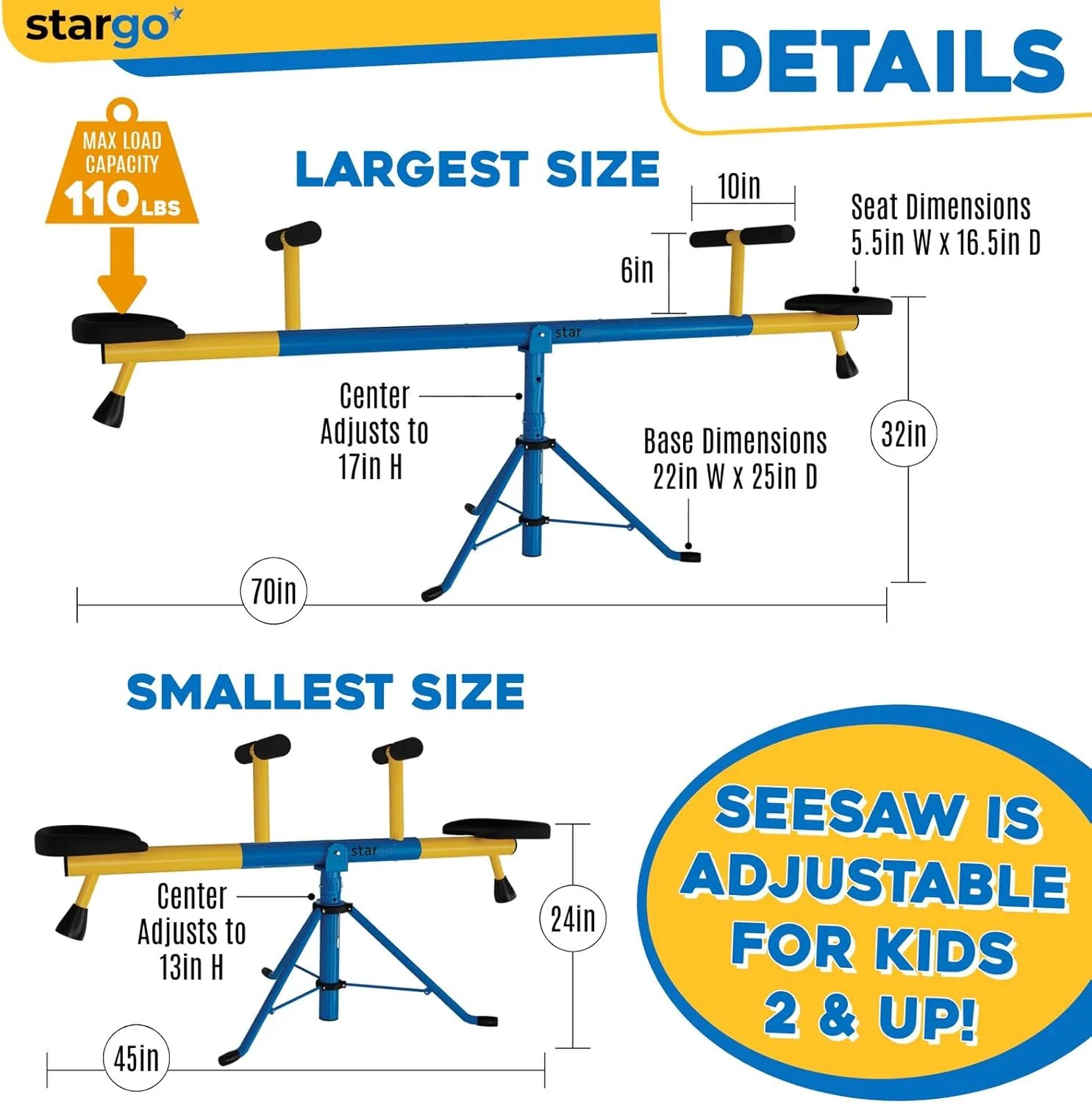 تاب چرخشی 360 درجه استارگو برای کودکان، الاکلنگ با قاب قابل تنظیم 117-178 سانتی متر، تجهیزات زمین بازی سرپوشیده یا فضای باز