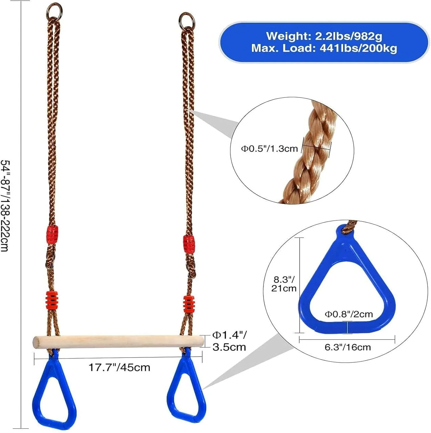 حلقه های بار تاب ذوزنقه ای SOOFAM، بار ذوزنقه ای چوبی برای کودکان با طناب قابل تنظیم، بندهای قفل شونده، لوازم جانبی زمین بازی مجموعه تاب سرپوشیده و فضای باز