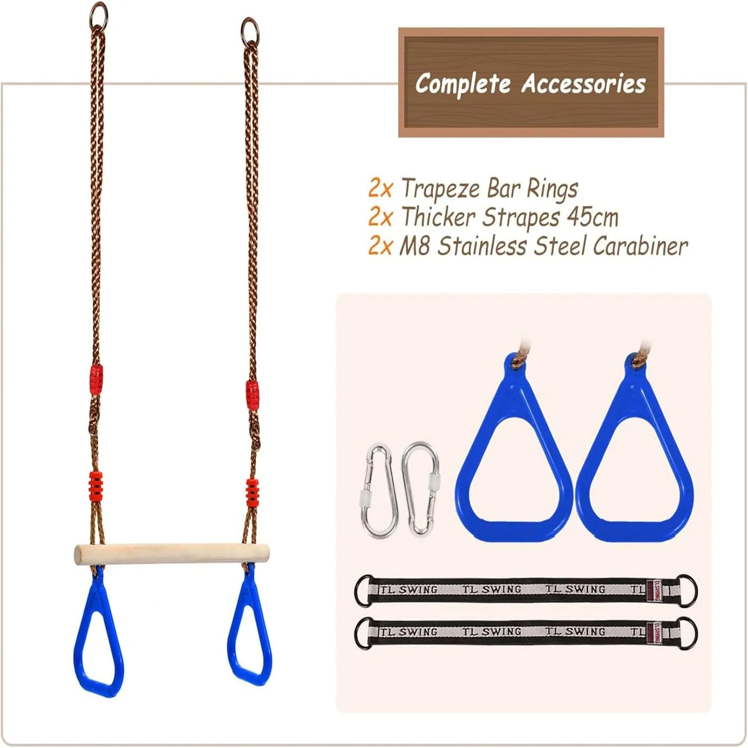 حلقه های بار تاب ذوزنقه ای SOOFAM، بار ذوزنقه ای چوبی برای کودکان با طناب قابل تنظیم، بندهای قفل شونده، لوازم جانبی زمین بازی مجموعه تاب سرپوشیده و فضای باز