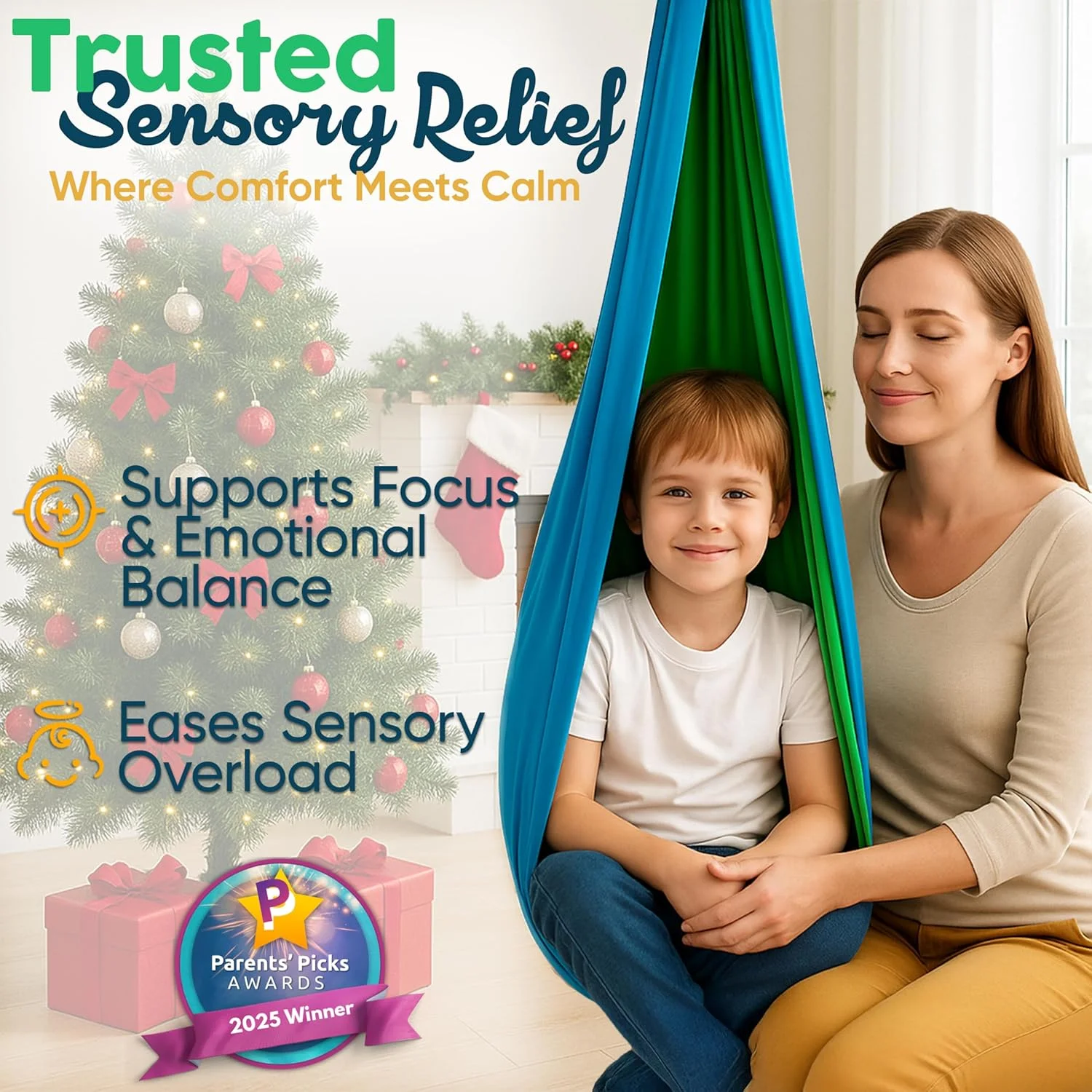 تاب حسی برای کودکان، قابل استفاده در فضای داخلی و خارجی به همراه سخت افزار 360 درجه - تاب شادی بخش و آرامش دهنده حسی برای کودکان و بزرگسالان تا وزن 100 کیلوگرم - کمک به ADHD/ADD، اوتیسم، اختلال پردازش حسی - تاب درمانی دو طرفه