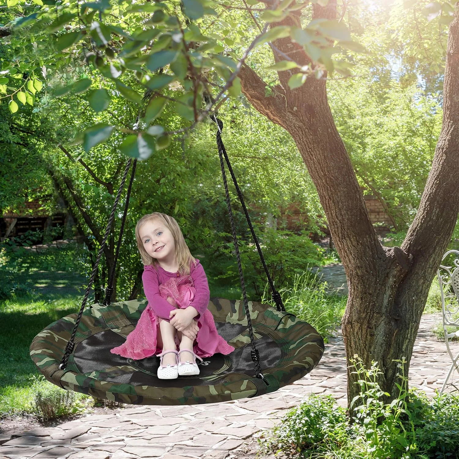 تاب بازی لانه ای استتاری Relaxdays، تاب گرد، برای کودکان و بزرگسالان، تحمل وزن تا 100 کیلوگرم، مناسب باغ، قطر 90 سانتی متر، سبز تیره