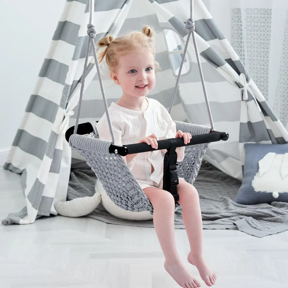 تاب بازی 2 در 1 کودک، تاب بازی کودک نوپا، صندلی تاب بازی برای کودکان با طناب های قابل تنظیم، تاب بازی برای حیاط خلوت، برای فضای باز و سرپوشیده، حیاط خلوت. محصول ارتقا یافته (خاکستری)