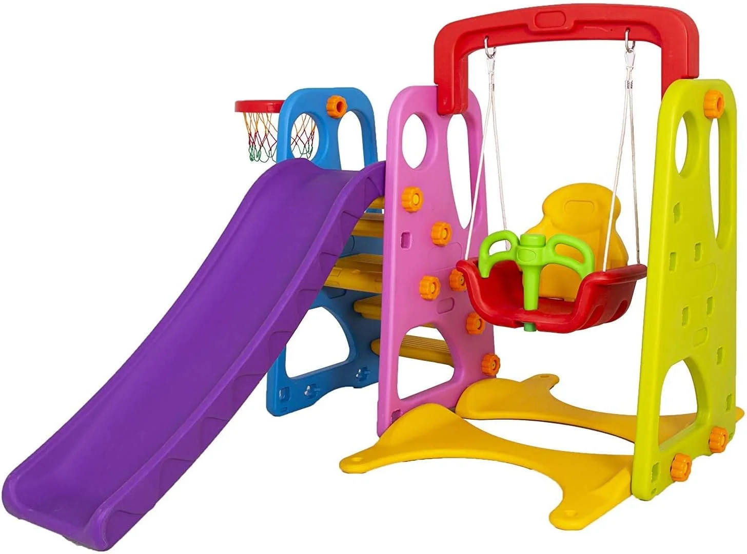 مجموعه بازی ۳ در ۱ فضای باز RBW TOYS شامل سرسره بزرگ، تاب و بسکتبال برای فعالیت کودکان (چند رنگ)