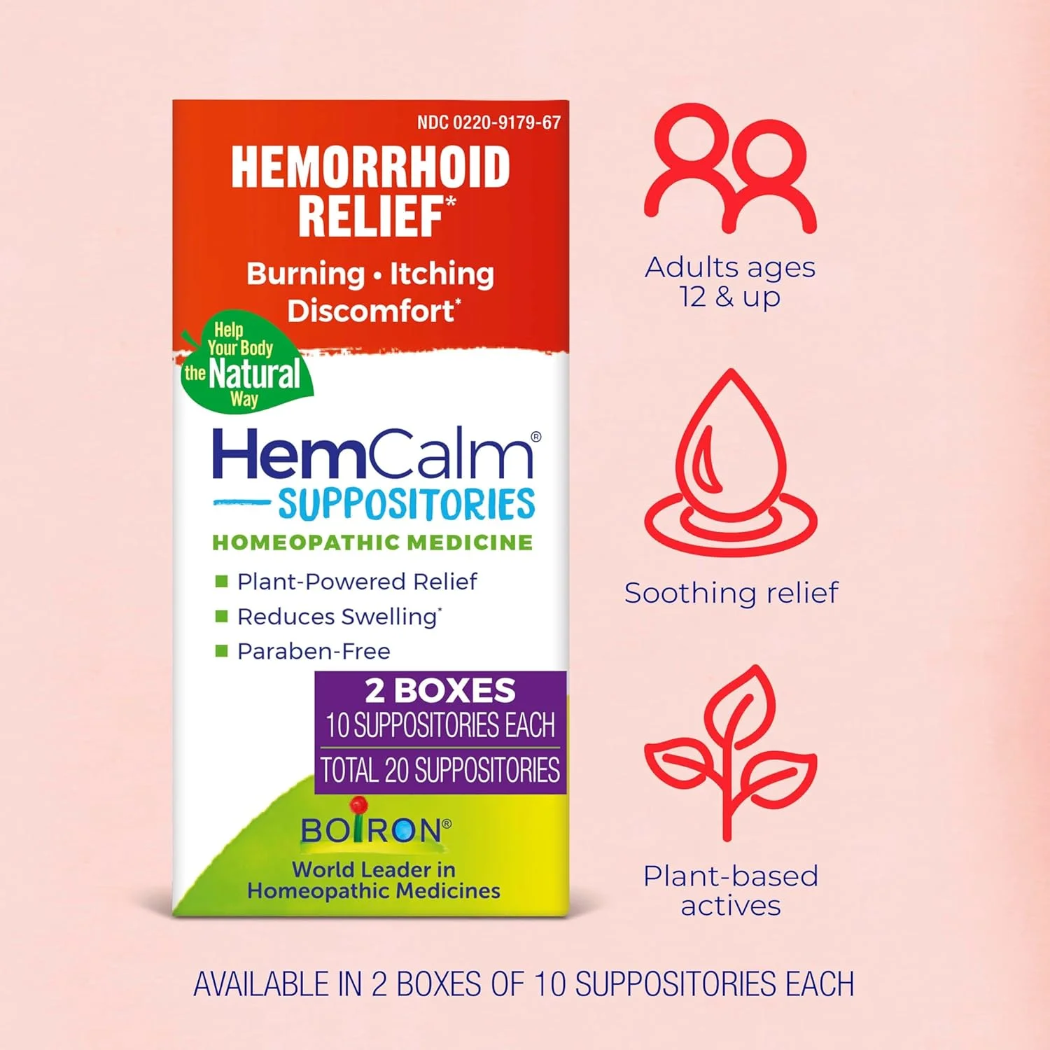 شیاف های هموکالم بورون برای تسکین درد، خارش، تورم یا ناراحتی ناشی از هموروئید - 10 عدد (بسته 2 عددی)