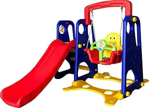 سرسره بازی رنگین کمانی 3 در 1 برای کودکان، مجموعه ساختار بازی در فضای باز، سرسره جامبو با تاب و بازی بسکتبال، اندازه: 160x160x125 سانتی متر.