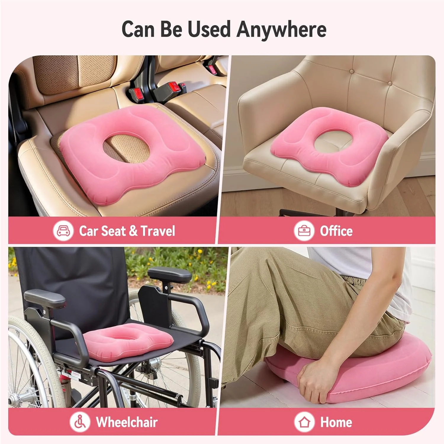 بالشتک بادی دوناتی Warmiehomy، بالش هموروئید قابل تنظیم برای درد دنبالچه، بالش نشیمن برای زخم بستر، سیاتیک، بالش بارداری، ملزومات بعد از زایمان، هواپیما، صورتی