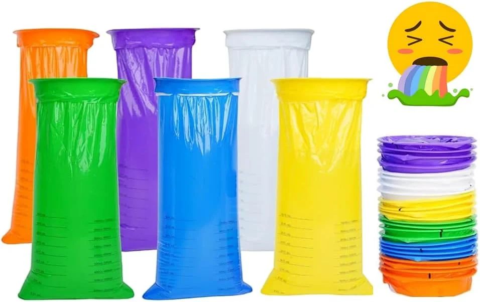 کیسه تهوع با حلقه، بسته 30 عددی کیسه تهوع، کیسه استفراغ، 1000 میلی لیتر کیسه تهوع یکبار مصرف، کیسه خرد کن با حلقه، کیسه مدفوع ایمن، کیسه های شکستنی با چگالی بالا با دهانه، برای مسافرت، اتومبیل (6