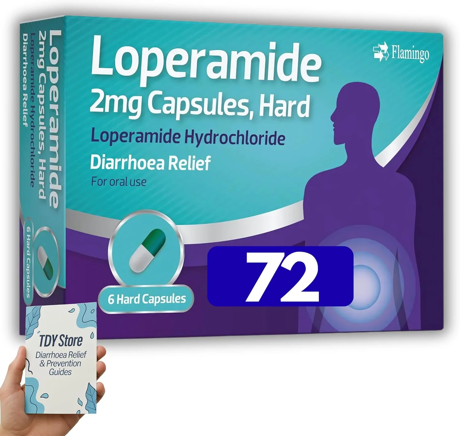 بسته 72 عددی کپسول ضد اسهال (12 جعبه)، بسته TDY شامل راهنمای علل و درمان اسهال + نمودار مدفوع و نمودار ثبت - 12 بسته 6 عددی
