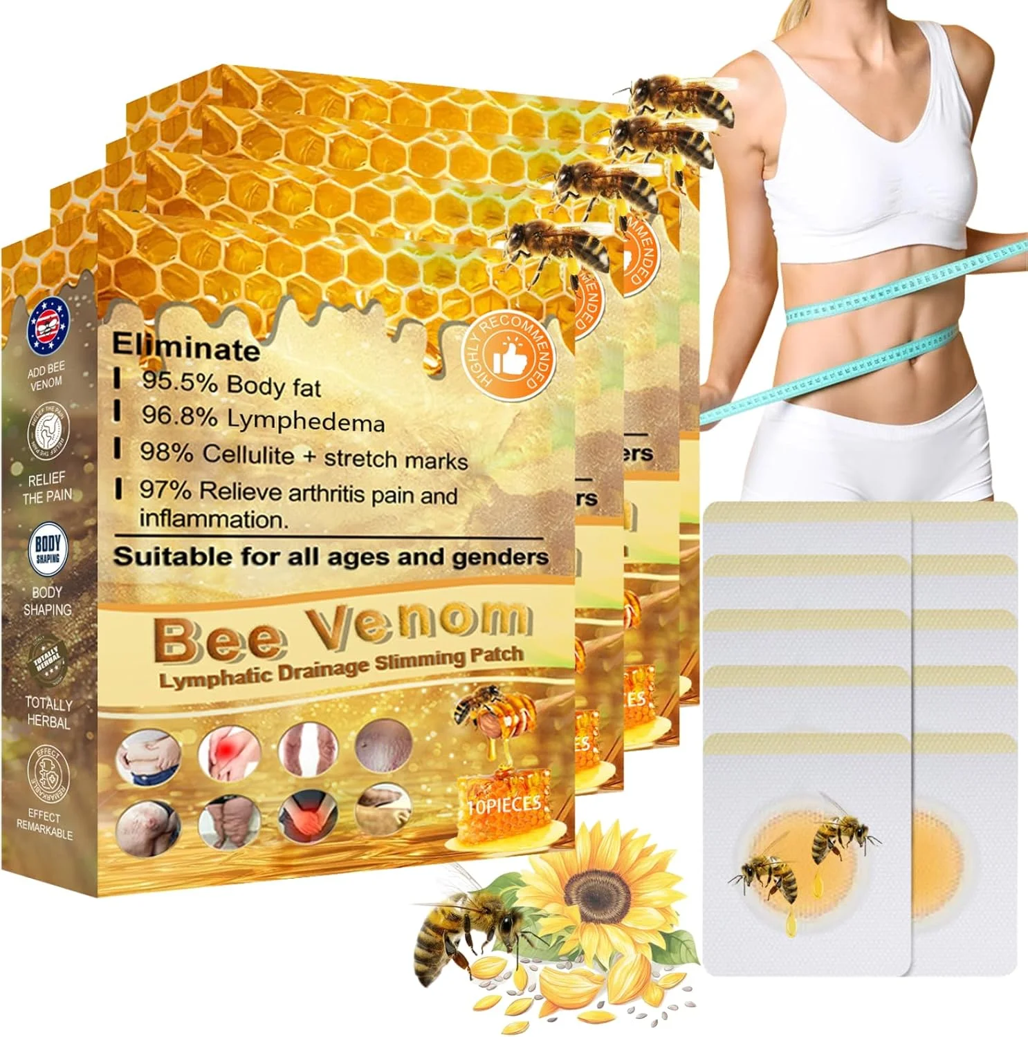 ۴۰ عدد پد سم زنبور عسل، پدهای تخلیه لنفاوی سم زنبور عسل - پدهای سم زدای طبیعی با سم زنبور عسل، عصاره عسل و استئارات منیزیم برای سلامتی پوست