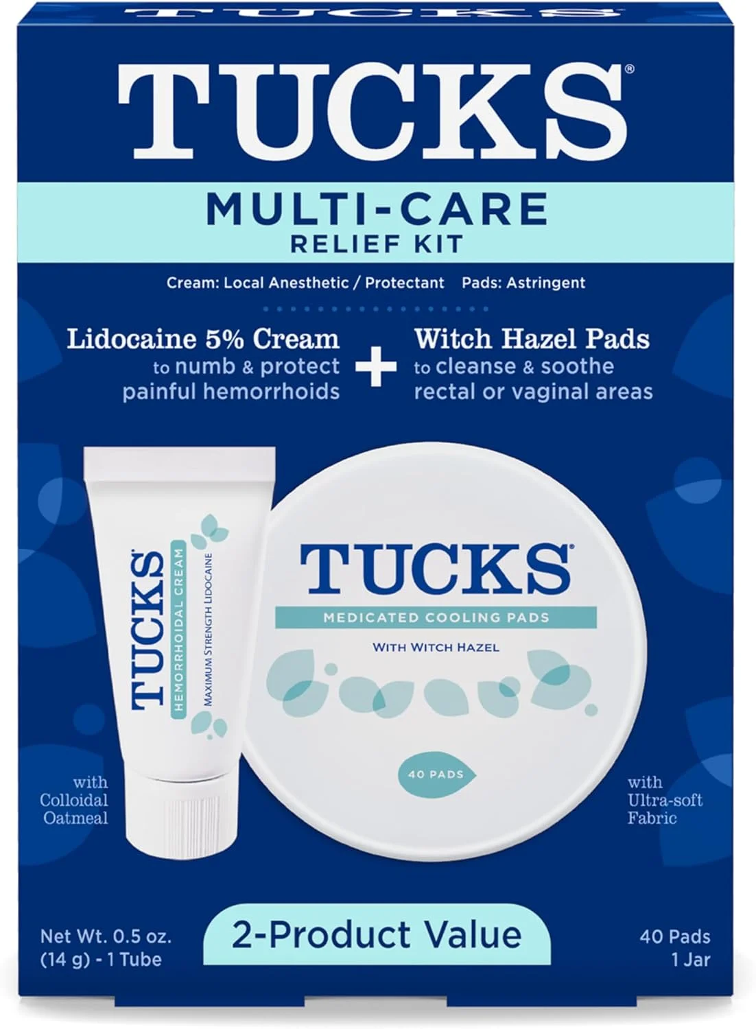 کیت تسکین چند منظوره Tucks - پدهای فندق افسونگر 40 عددی و کرم لیدوکائین 15 گرمی