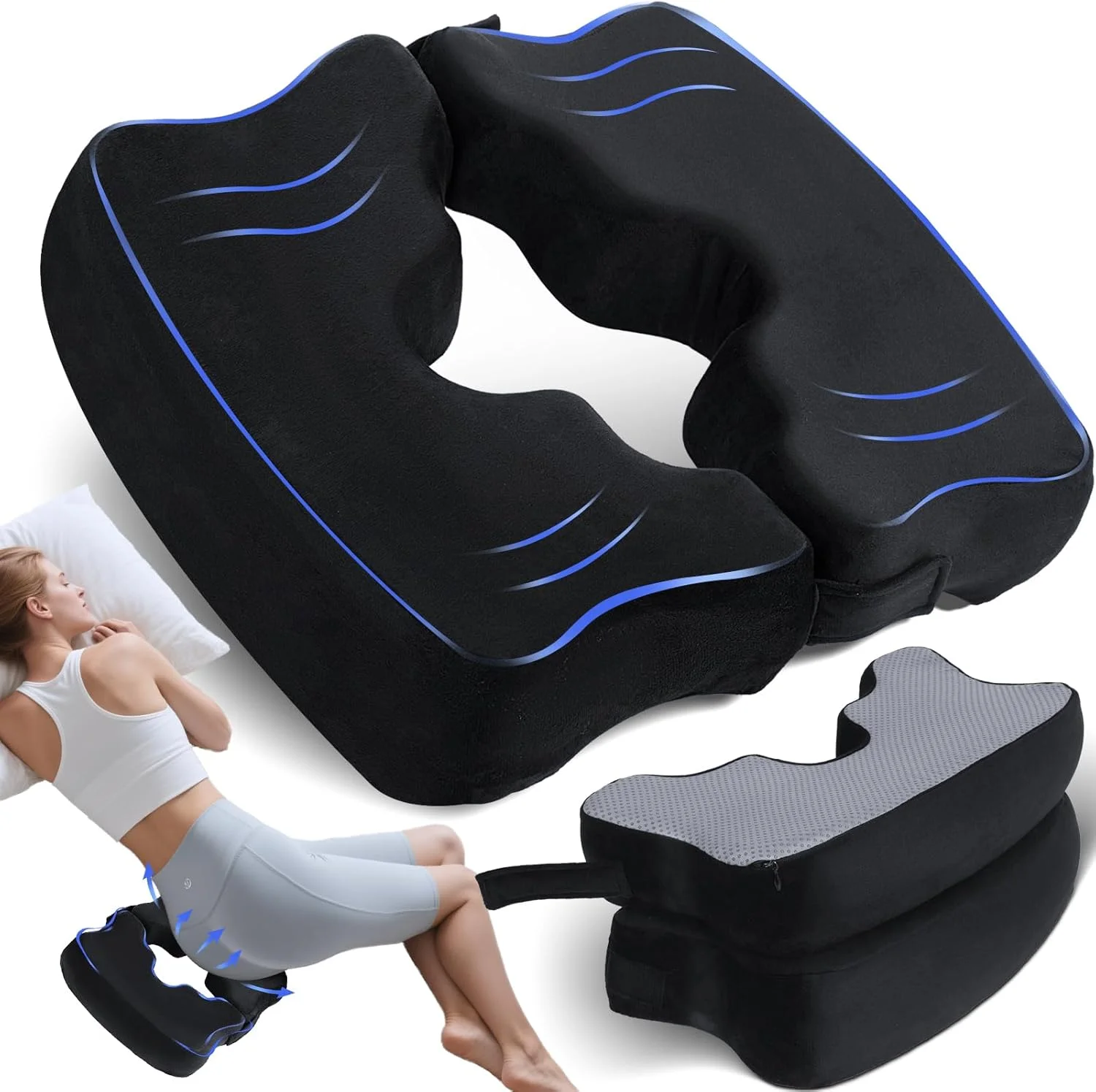 بالشتک زخم بستر ساهیر برای باسن، بالش تسکین فشار هموروئید مموری فوم با سوراخ مرکزی و برش دنبالچه، برای نشستن طولانی مدت، سیاتیک، بعد از زایمان، بارداری، بعد از جراحی، مشکی