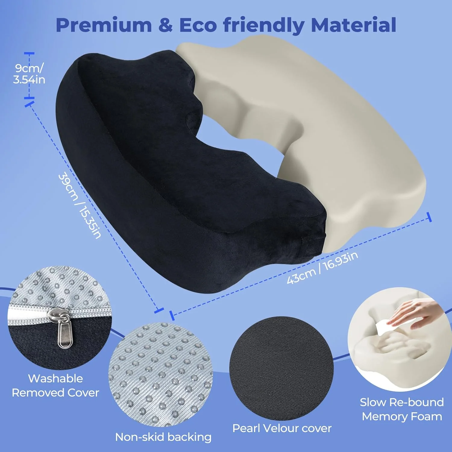 بالشتک زخم بستر ساهیر برای باسن، بالش تسکین فشار هموروئید مموری فوم با سوراخ مرکزی و برش دنبالچه، برای نشستن طولانی مدت، سیاتیک، بعد از زایمان، بارداری، بعد از جراحی، مشکی