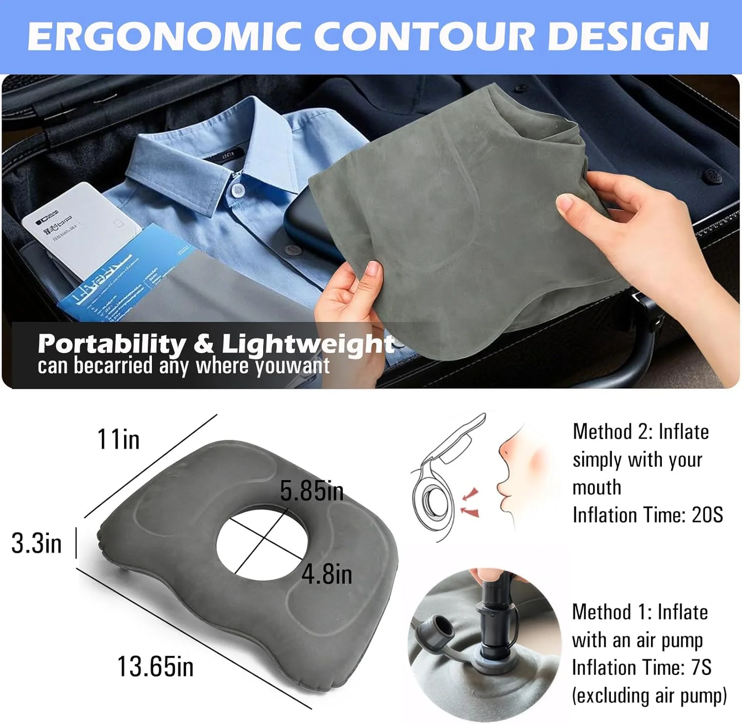 بالشتک دوناتی برای درد دنبالچه، بالشتک بادی دوناتی، بالشتک دوناتی برای کمردرد، دوران بارداری پس از زایمان، سیاتیک، زخم بستر (خاکستری)