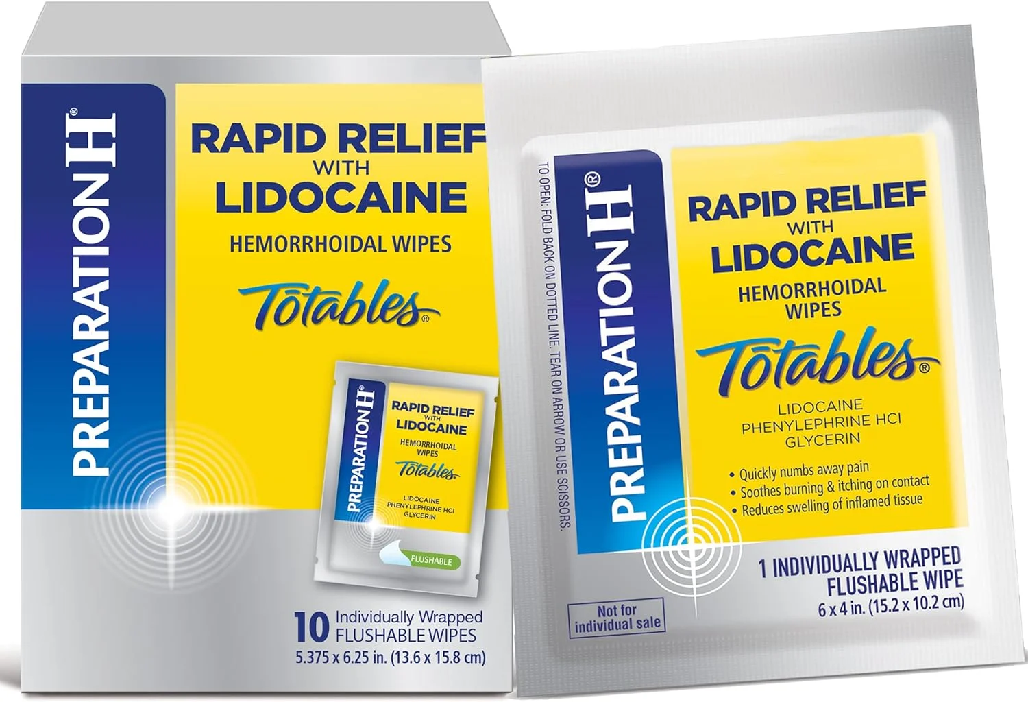 دستمال مرطوب تسکین سریع علائم بواسیر Preparation H با لیدوکائین، تسکین دهنده درد، سوزش و خارش، کاهش دهنده تورم، بسته 10 عددی