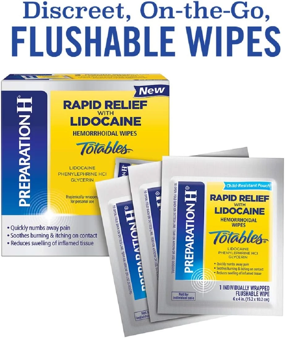 دستمال مرطوب تسکین سریع علائم بواسیر Preparation H با لیدوکائین، تسکین دهنده درد، سوزش و خارش، کاهش دهنده تورم، بسته 10 عددی