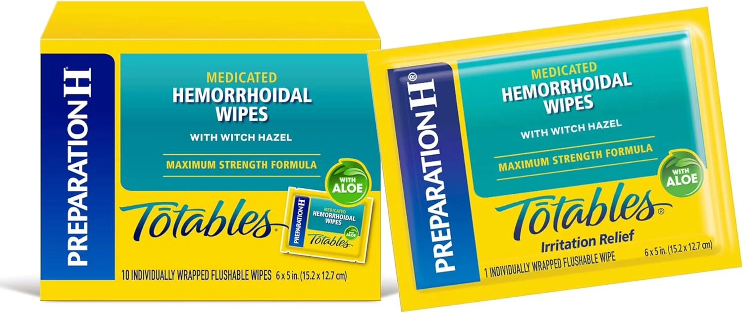 دستمال مرطوب التیام بخش بواسیر Preparation H (بسته 10 عددی)، تسکین دهنده قوی با فندق افسونگر و آلوئه ورا، دستمال های تسکین دهنده سوزش برای استفاده در حرکت
