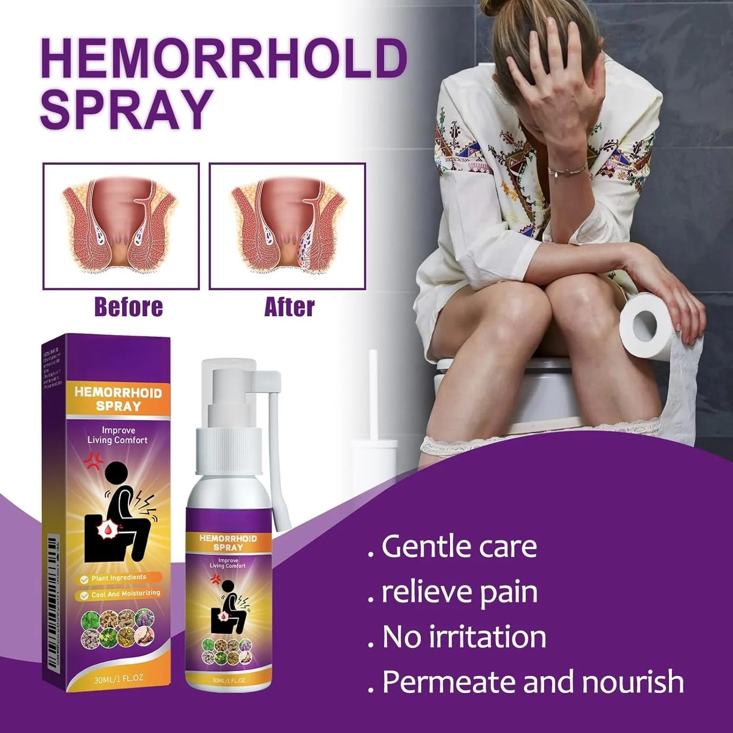 اسپری تسکین دهنده هموروئید 30 میلی لیتر، کاهش تورم و ناراحتی، کوچک کننده تورم هموروئید، تسکین سریع، درمان هموروئید خارجی، نازل اسپری مناسب