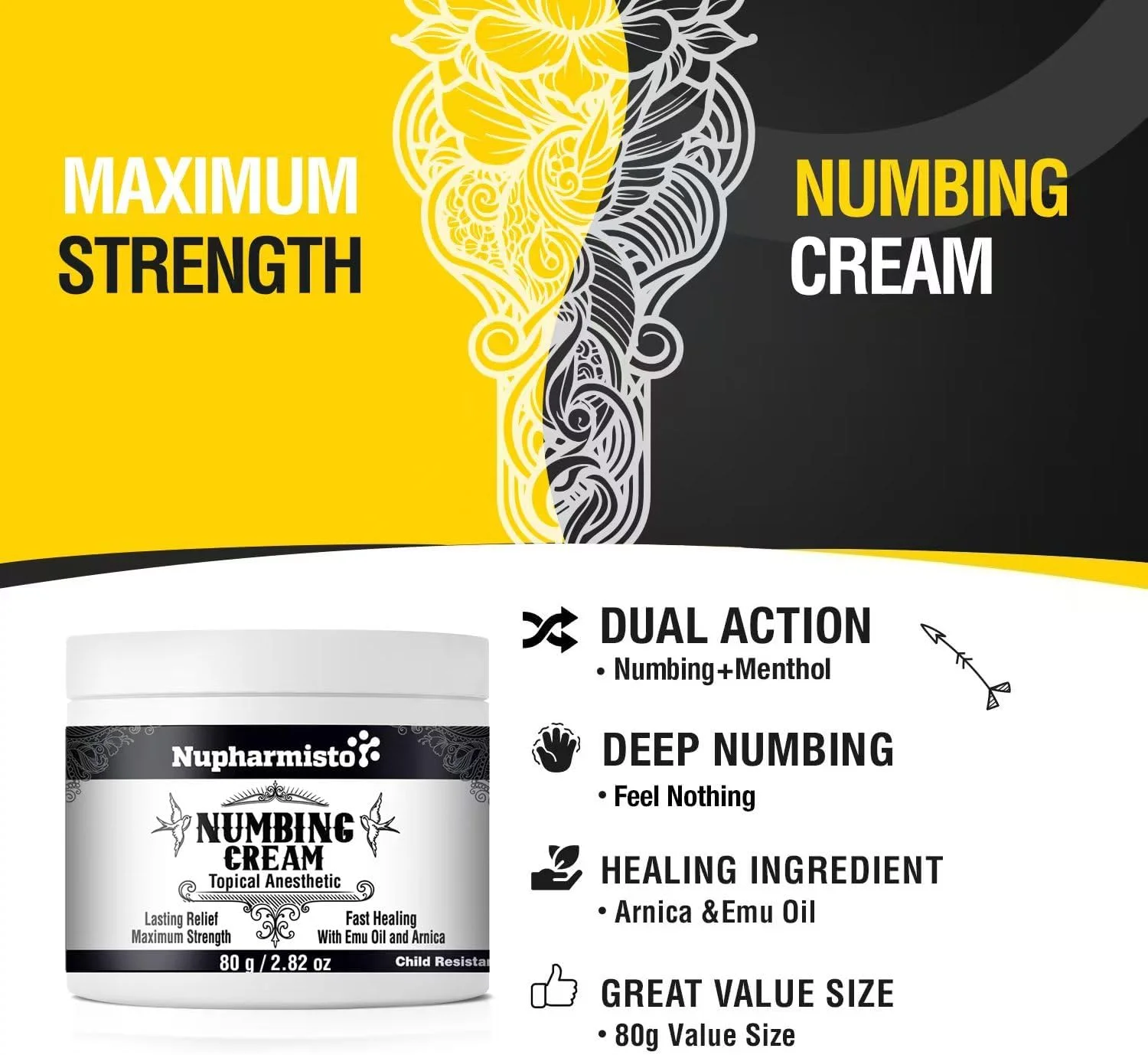 کرم بی حس کننده نو فارمیستو با قدرت حداکثری: کرم بی حس کننده با ماندگاری طولانی با اثر 5 برابری - روغن شترمرغ و آرنیکا 80 گرم / 2.82 اونس