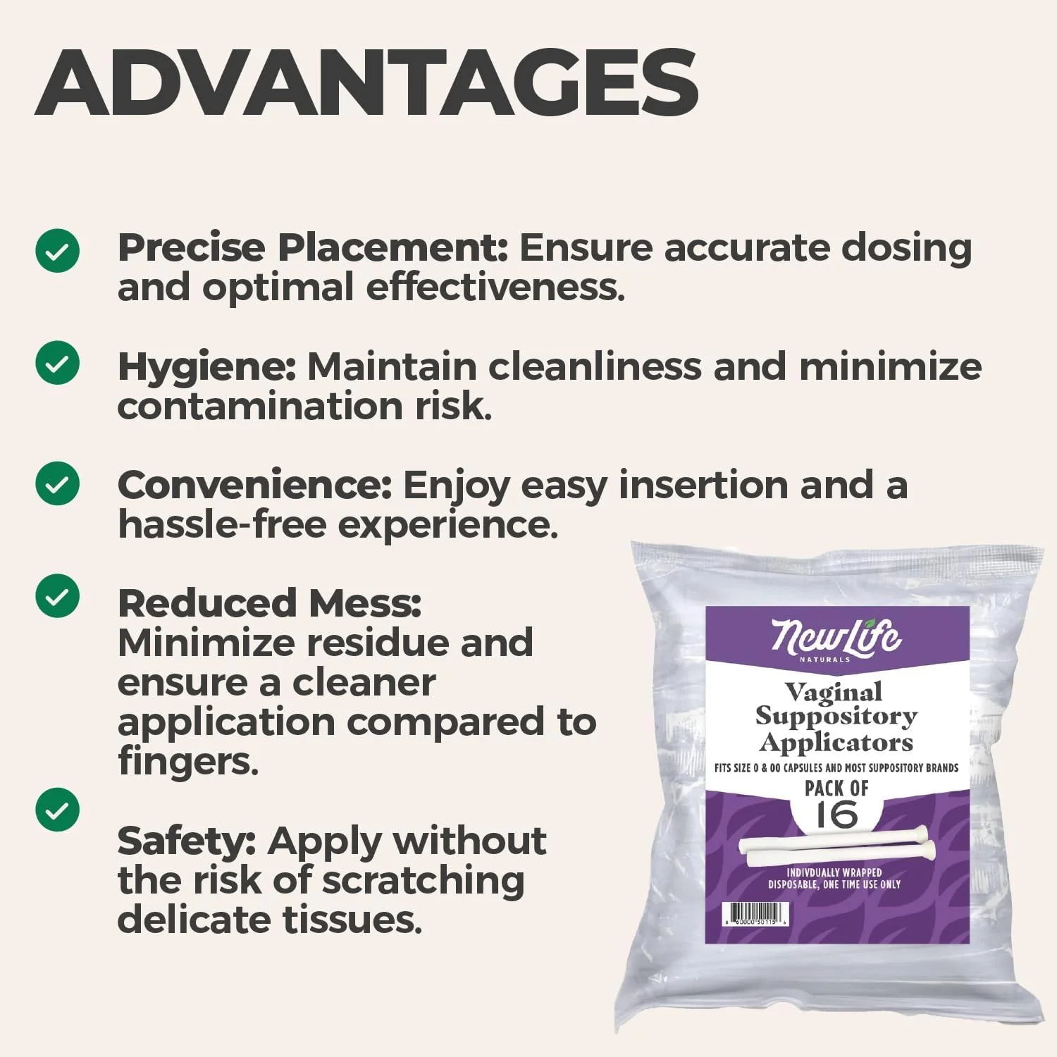 اپلیکاتور یکبار مصرف پلاستیکی NewLife Naturals - مناسب برای اکثر شیاف ها، قرص ها، کپسول های سایز 0 و 00 - تعادل pH و بهداشت بانوان - بسته 16 عددی
