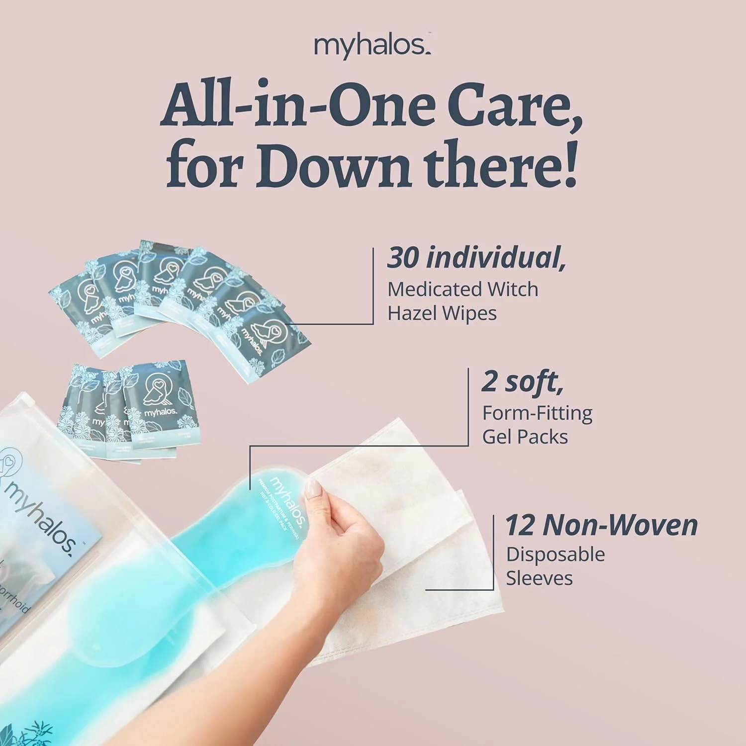 مجموعه مراقبت های بعد از زایمان شامل ۴۴ عدد دستمال فندق افسونگر و کیسه یخ پرینه - ۳۰ عدد پد فندق افسونگر بدون الکل و ۲ عدد کیسه یخ گرم/سرد