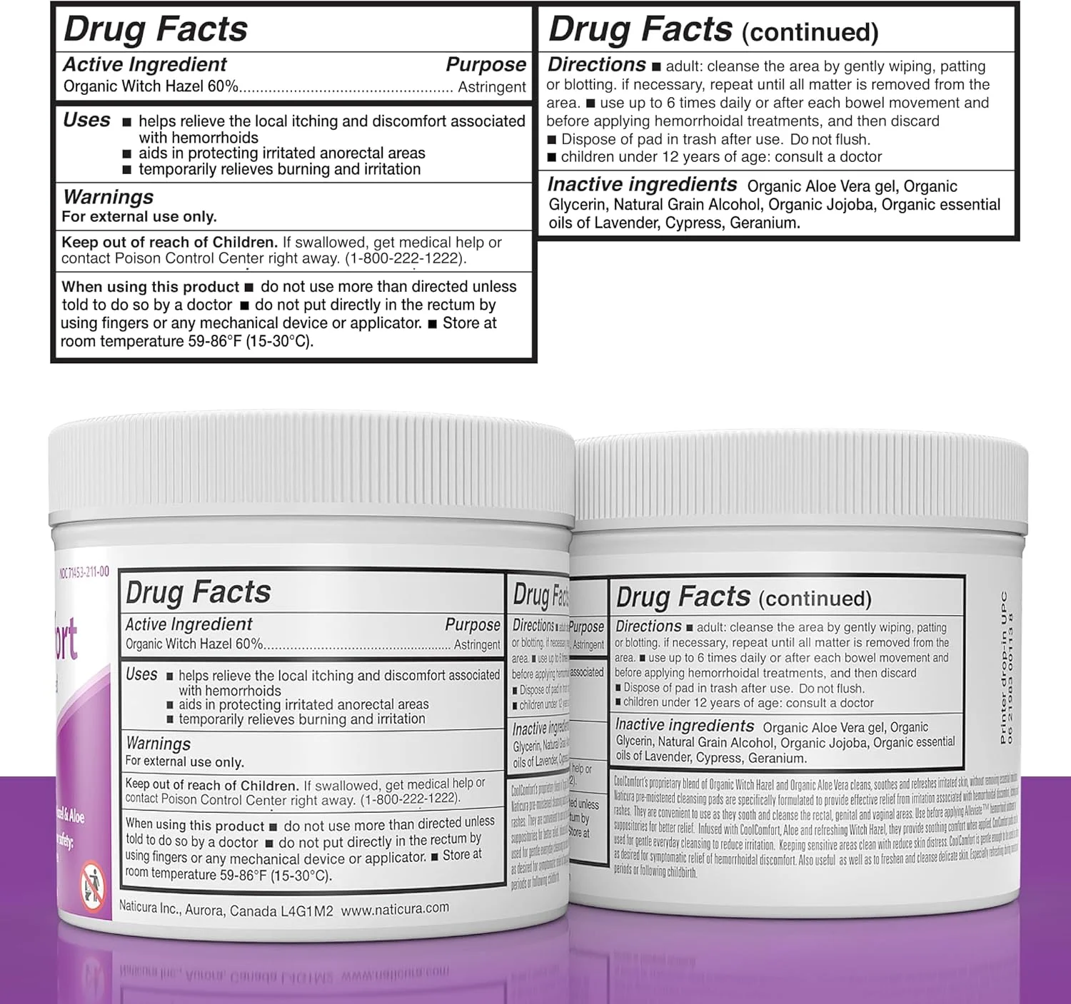 پدهای پاک کننده شخصی کول‌کامفورت با فندق افسونگر ارگانیک و آلوئه ورا - دستمال مرطوب های کاملا طبیعی و سریع الاثر برای سوزش، خارش، درد و تورم ناشی از هموروئید - بدون پارابن - بسته 2 عددی