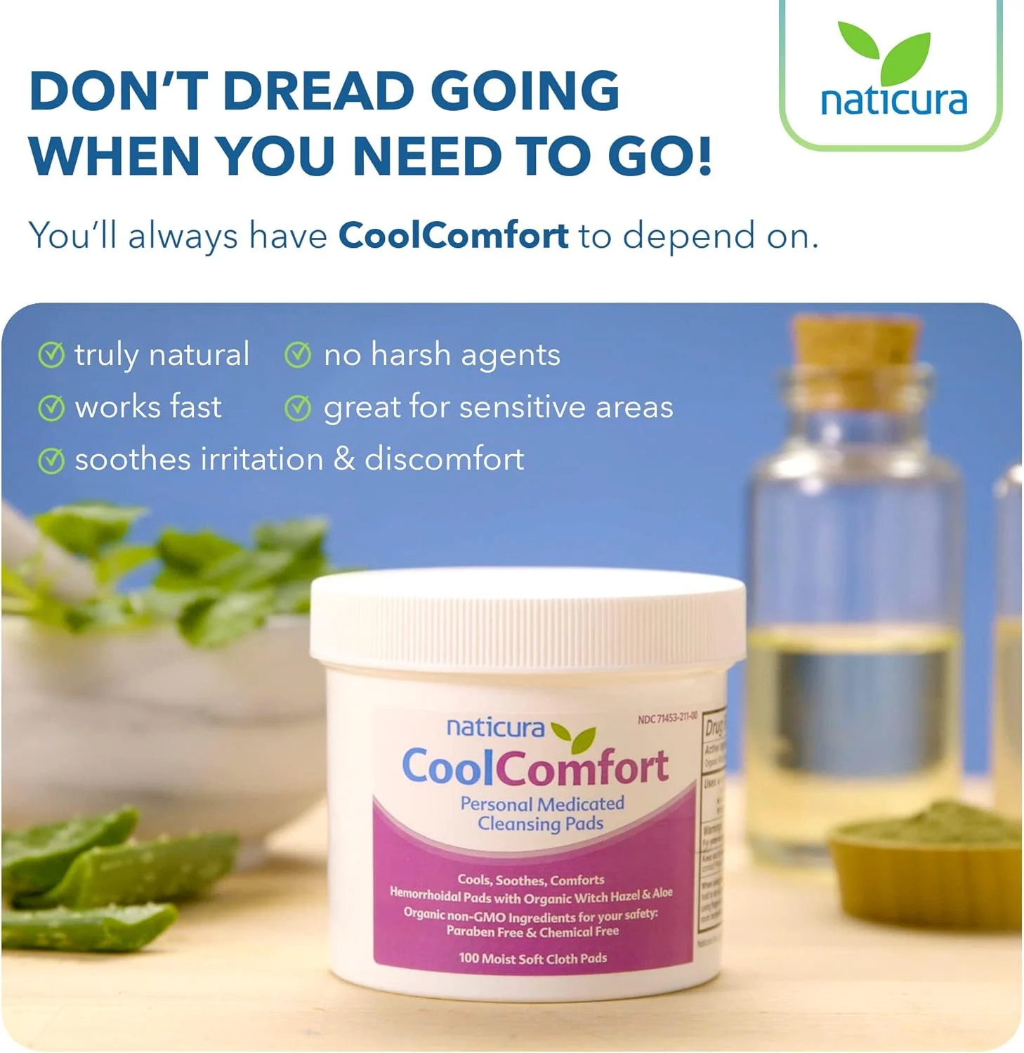 پدهای پاک کننده شخصی کول‌کامفورت با فندق افسونگر ارگانیک و آلوئه ورا - دستمال مرطوب های کاملا طبیعی و سریع الاثر برای سوزش، خارش، درد و تورم ناشی از هموروئید - بدون پارابن - بسته 2 عددی