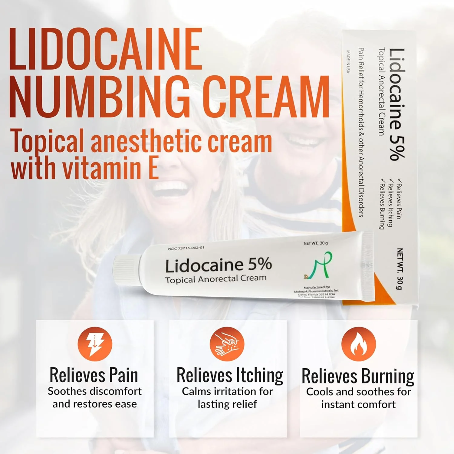 کرم بی حس کننده موضعی قوی MOHNARK حاوی لیدوکائین 5%، به همراه ویتامین E | تسکین درد، خارش، سوزش و سایر اختلالات مقعدی | تیوپ 30 گرمی کرم لیدوکائین 5%