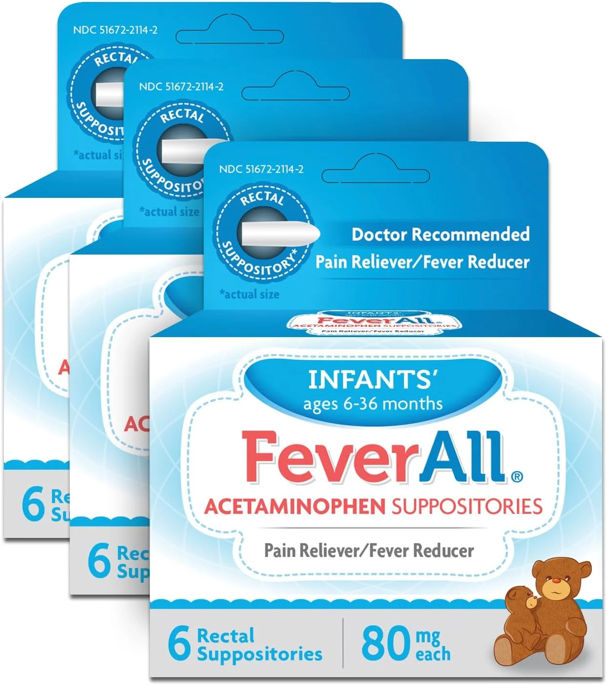 شیاف استامینوفن FeverAll مخصوص نوزادان، 6 شیاف مقعدی 80 میلی گرمی (بسته 3 عددی)