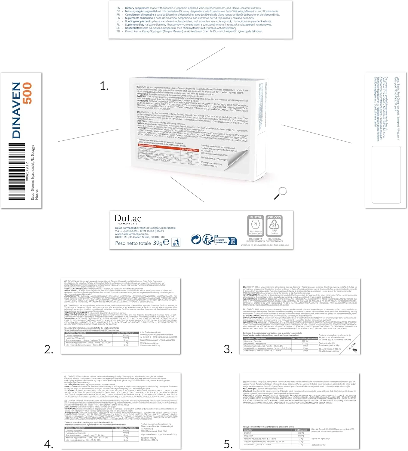DULÀC FARMACEUTICI 1982 - مکمل دیوسمین هسپریدین Dinaven 500، 120 قرص، درمان بواسیر، رگ های واریسی، رگ های عنکبوتی، پاها و ساق های متورم، سنگینی پاها، درمان لیپودما