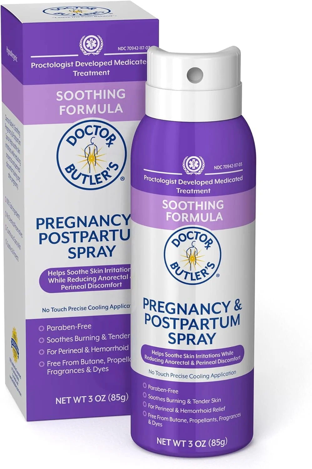اسپری محافظت کننده بعد از زایمان دکتر باتلر پلاس، اسپری پیشگیری کننده پرینه و درمان با آلوئه ورا و بابونه برای دوران بارداری و بهبودی پس از زایمان (بطری 85 گرمی)