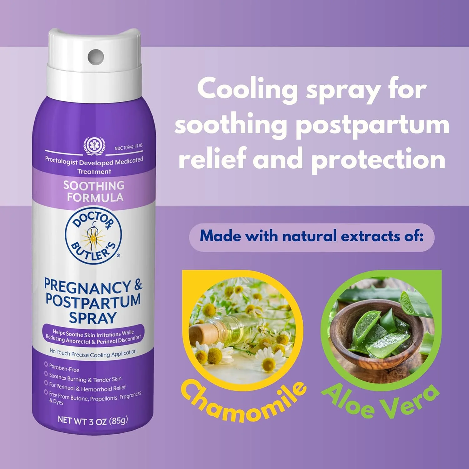 اسپری محافظت کننده بعد از زایمان دکتر باتلر پلاس، اسپری پیشگیری کننده پرینه و درمان با آلوئه ورا و بابونه برای دوران بارداری و بهبودی پس از زایمان (بطری 85 گرمی)