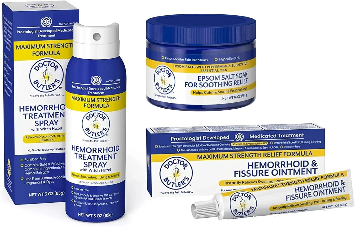 مجموعه درمان بواسیر دکتر باتلر - شامل پماد بواسیر و شقاق حاوی لیدوکائین، اسپری بواسیر حاوی فندق افسونگر و نمک حمام اپسوم برای کمک به کاهش تحریک